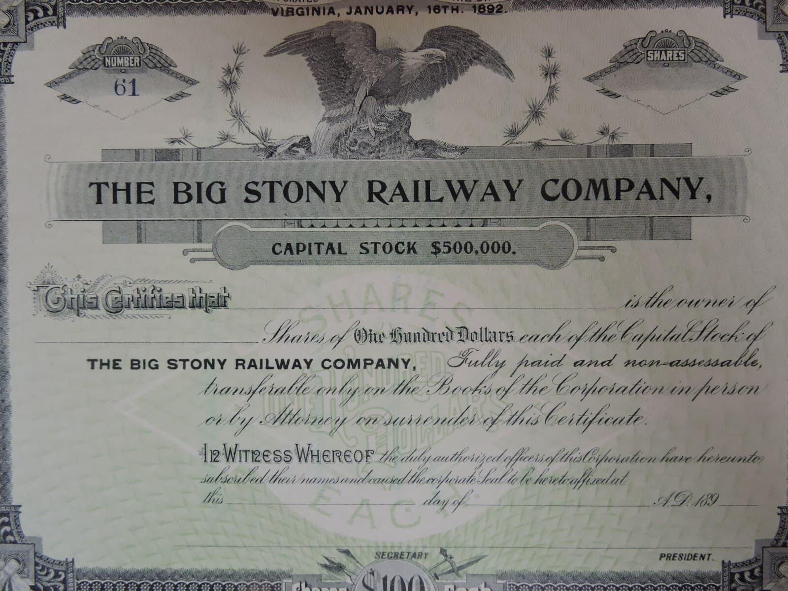 1890s BIG STONY RAILWAY COMPANY STOCK CERTIFICATE-STATE OF VIRGINIA 2