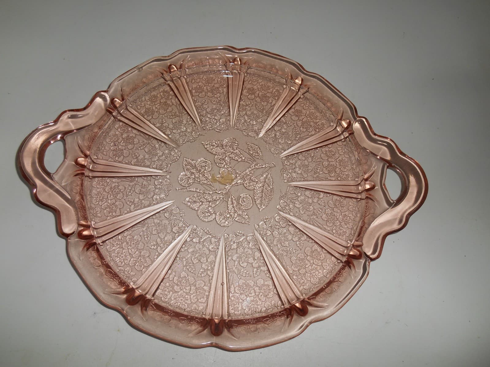 Excellent Jeanette Pink Cherry Blossom depression glass 12 5/8" Handled Tray 3
