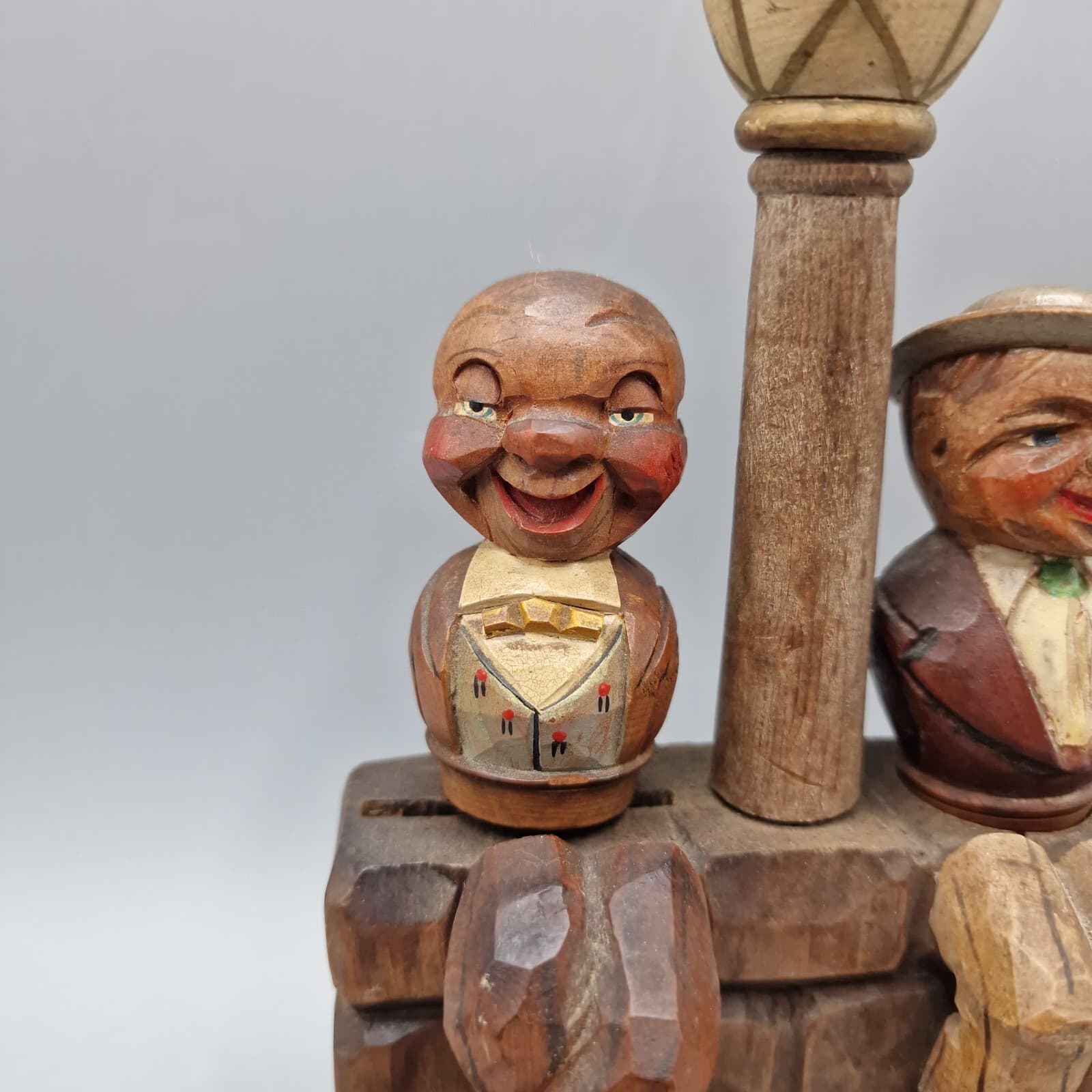 VTG Anri Hand Carved Wood Bar Set - Opener, Cork Screw, Cork - 2 Men & Lamp Post 2