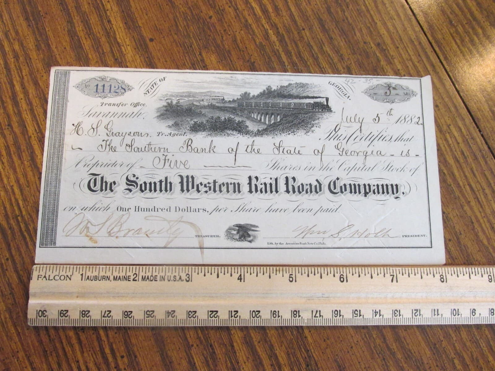 1882 THE SOUTH WESTERN RAIL ROAD COMPANY stock certificate lot BE 3