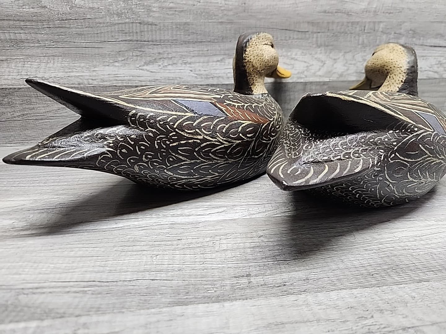 Vintage Hand Carved & Painted Black Duck Wood Duck Decoy Pair Wisconsin  6
