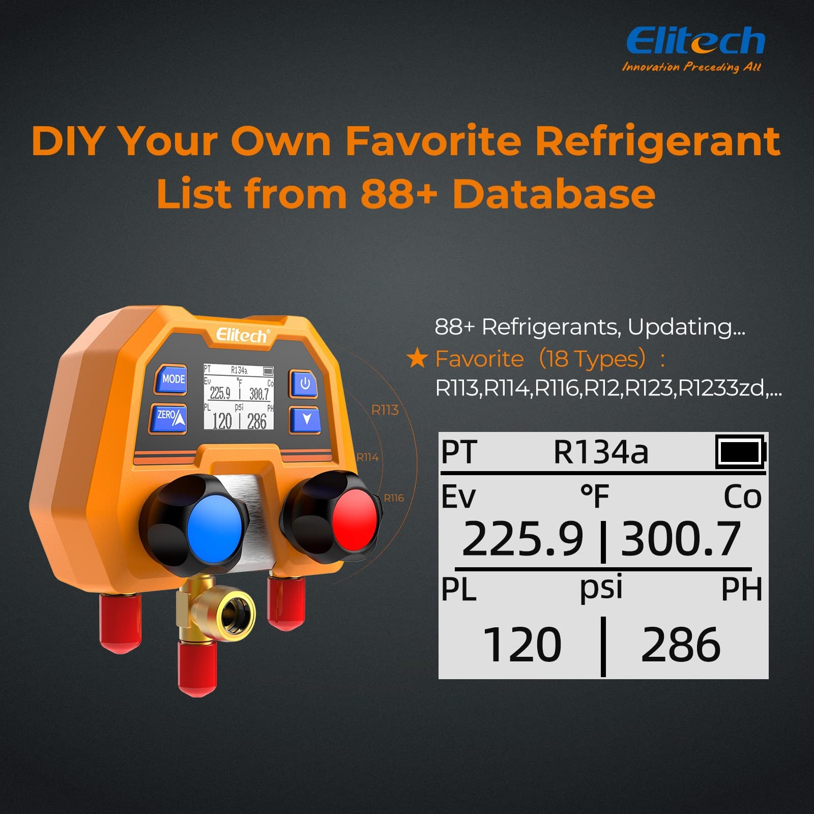 Elitech DMG-2SE Digital Pressure Gauge Dual-table Valve High Accuracy HVAC 6