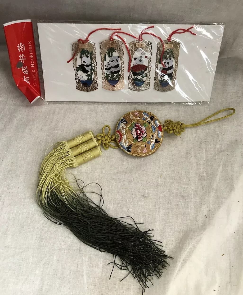 Oriental Asian Lot Of 4 Bookmarks W Panda Bears & Lucky Knot Wall Hanging VTG