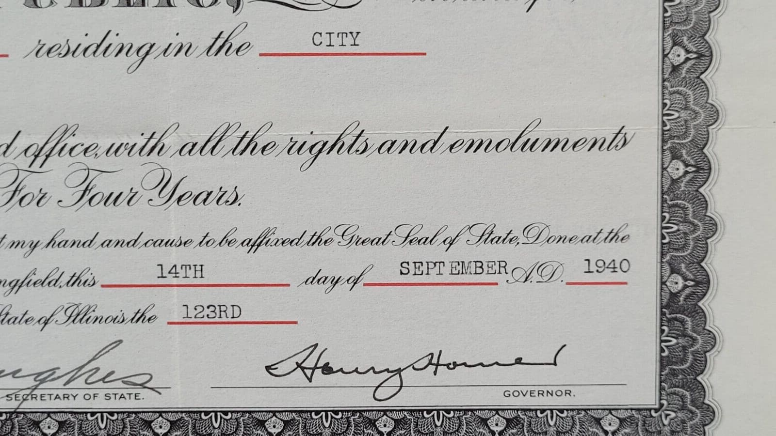 Illinois Governor Henry Horner hand-signed cert 1940 famous depression era Gov. 4