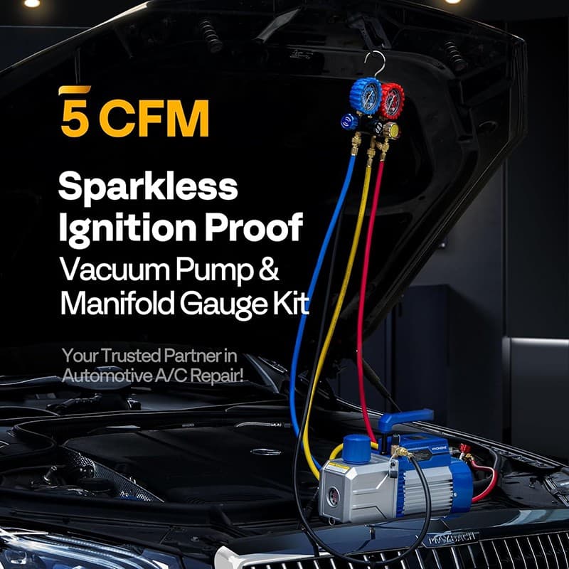 1/2HP 5CFM Dual Stage HVAC Air Vacuum Pump AC Manifold Gauge Set Sparkless Motor 2