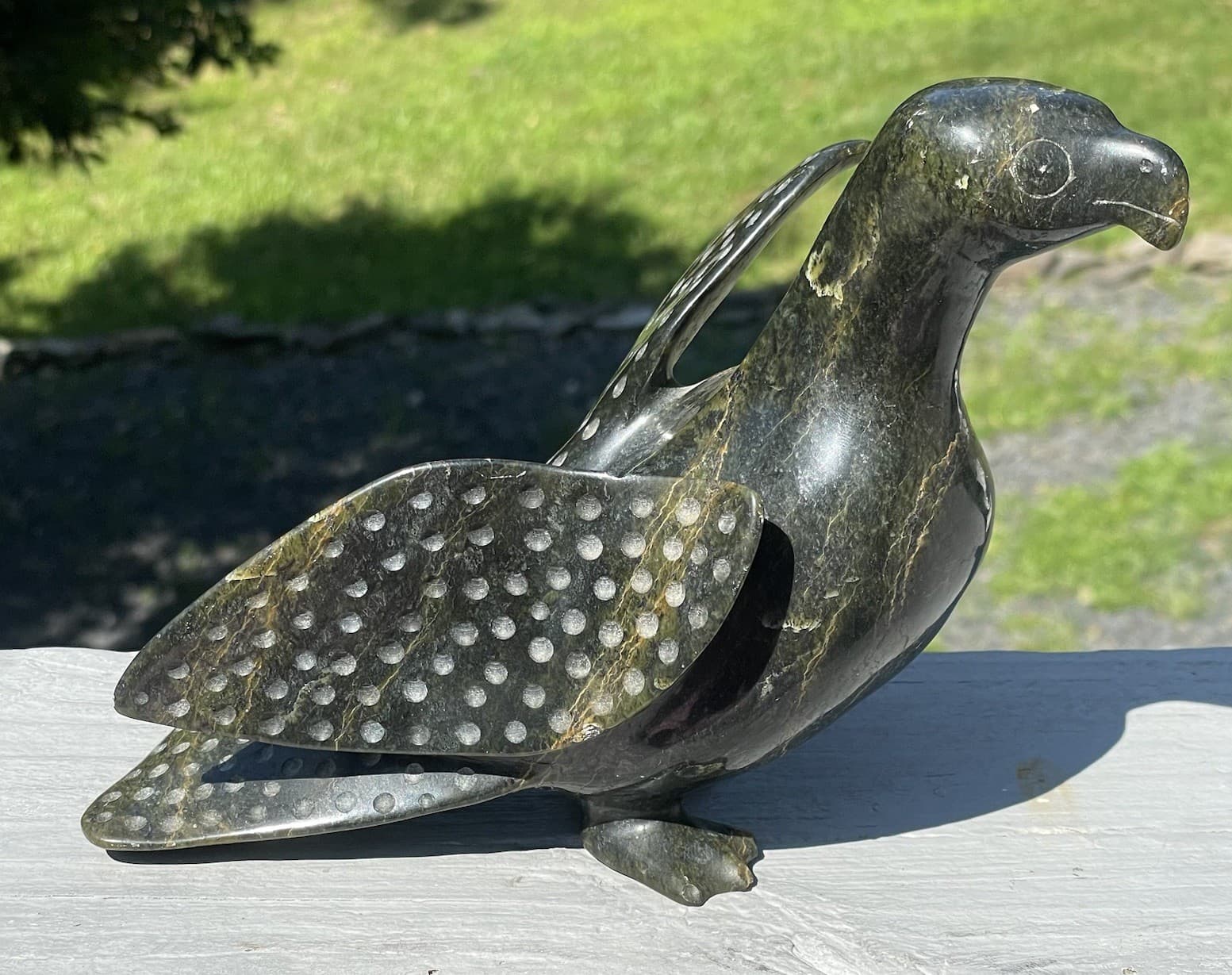 LARGE Hand Carved Inuit Serpentine Eagle Bird Green Stone Native Art Sculpture