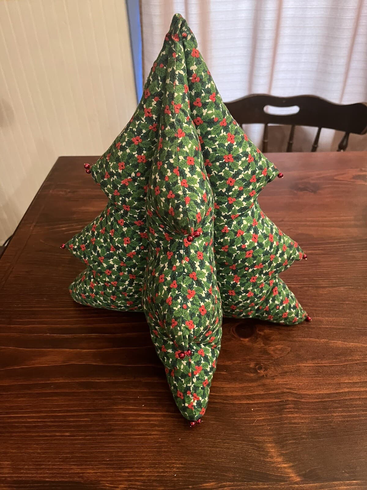 Vintage 3D Stuffed Fabric Christmas Tree Homemade Plush 13” Holly Berries Retro 4