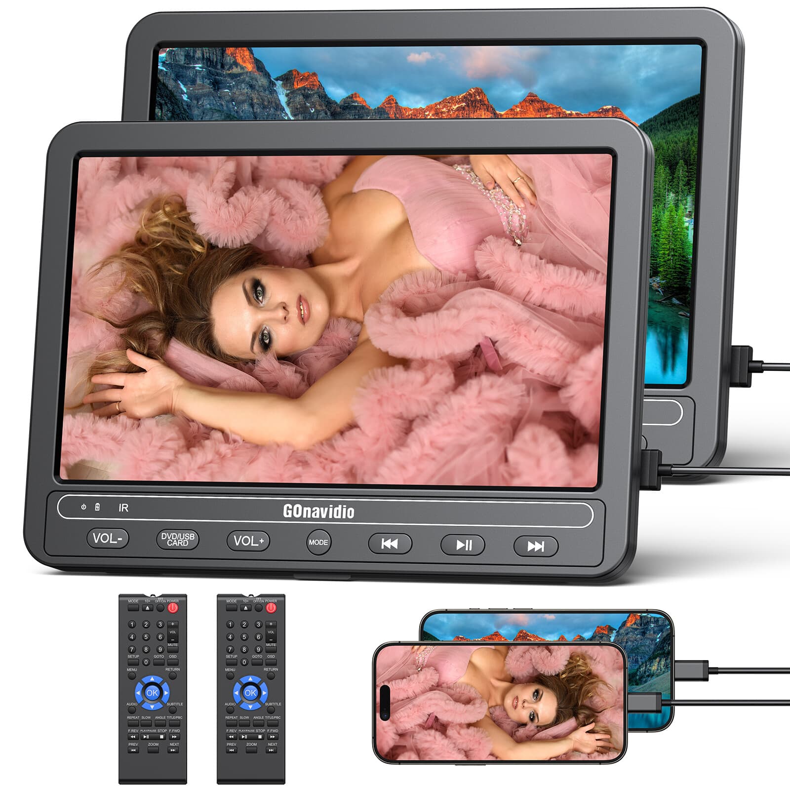2 X 10.5" Portable DVD Player Car Headrest Monitor Dual Screen with Headset HDMI 2