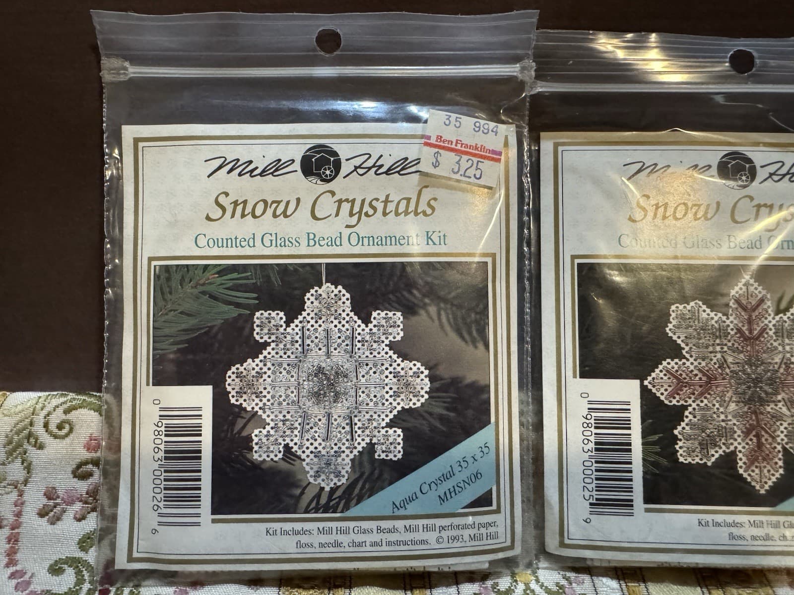 Mill Hill 1993 Snow Crystals Teal Aqua Counted Glass Bead Ornament LOT of 2 2