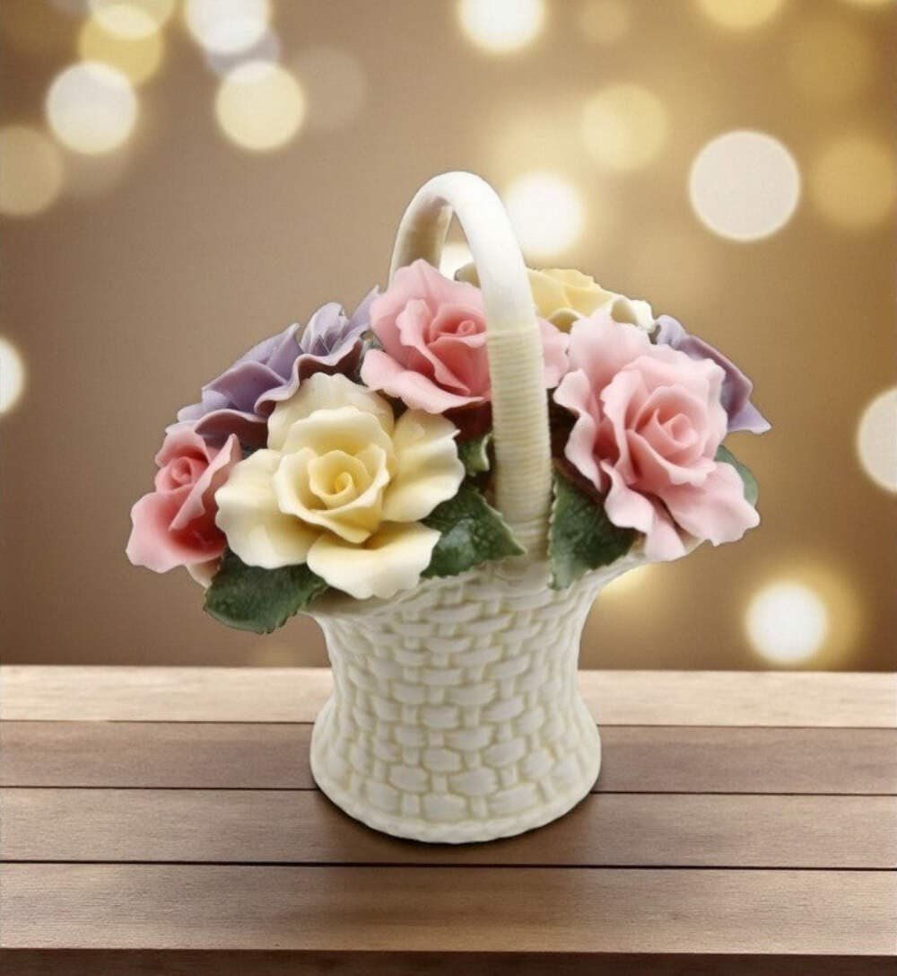 Ceramic Rose Flowers Basket Figurine, Wedding Décor or Gift, Anniversary Décor o 3