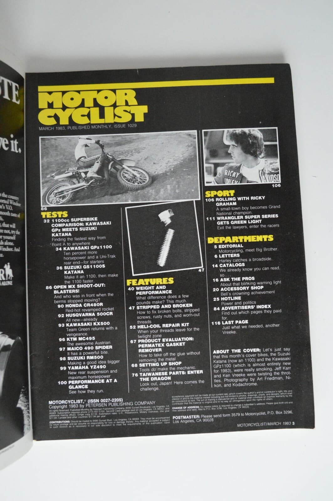 MOTOR CYCLIST March 1983 Kawasaki GPz1100 Suzuki GS1100S Katana Honda CR480R 2