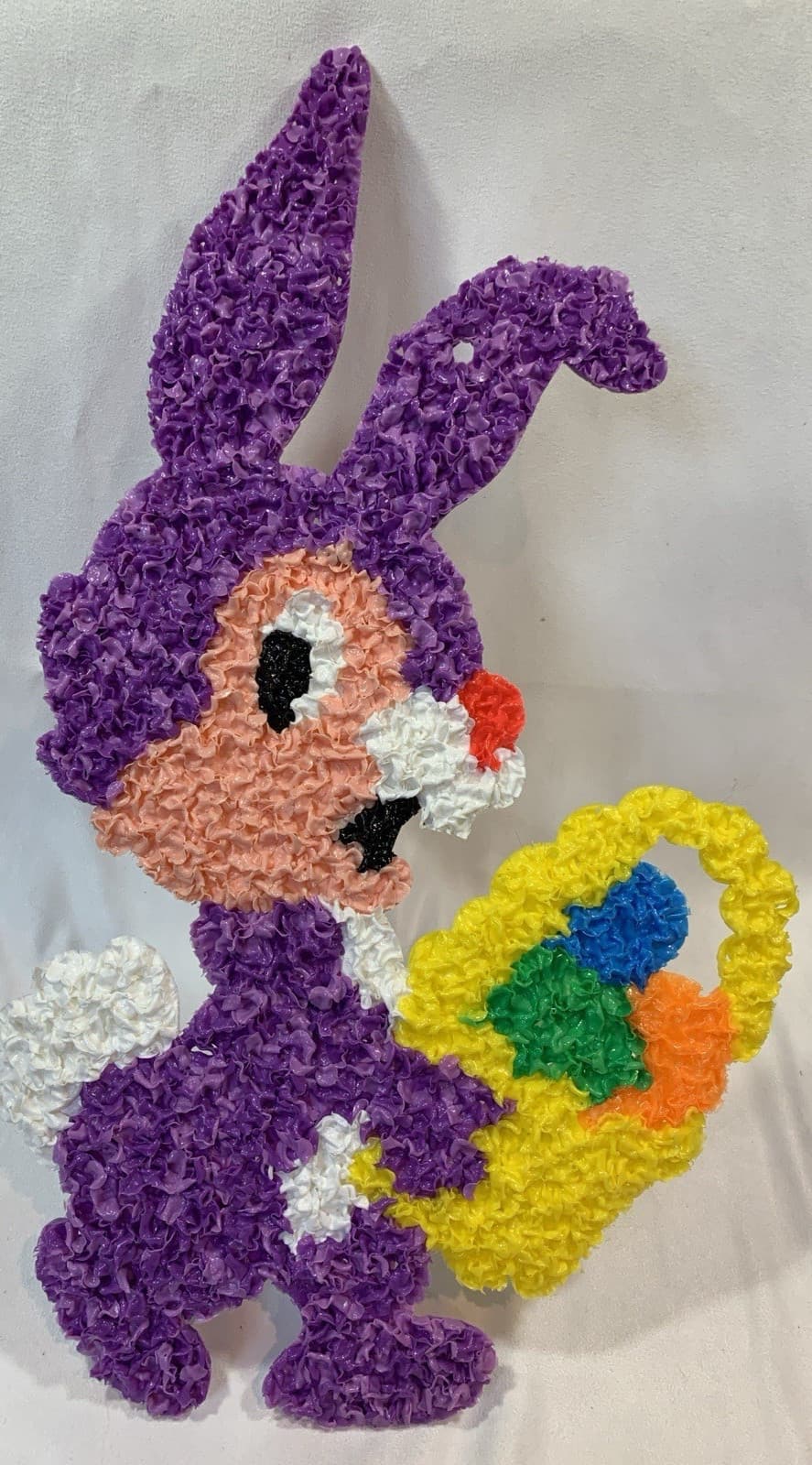 VTG Melted Plastic Popcorn 1970s PURPLE EASTER Bunny Basket Eggs Decoration 21"