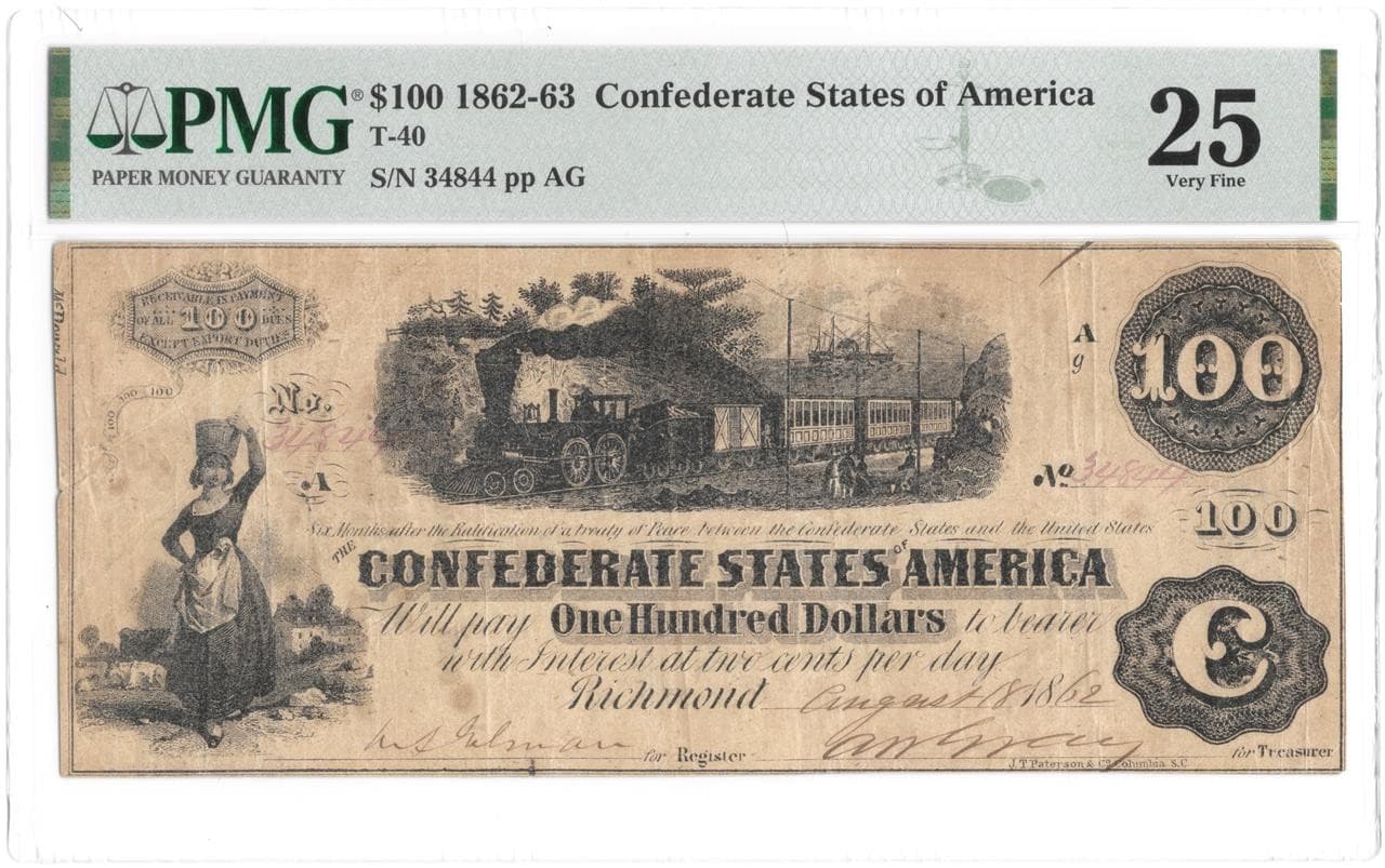 RARE Trans Miss MS Reissued Houston TX T-40 1862 $100 Confederate Train PMG VF25 6