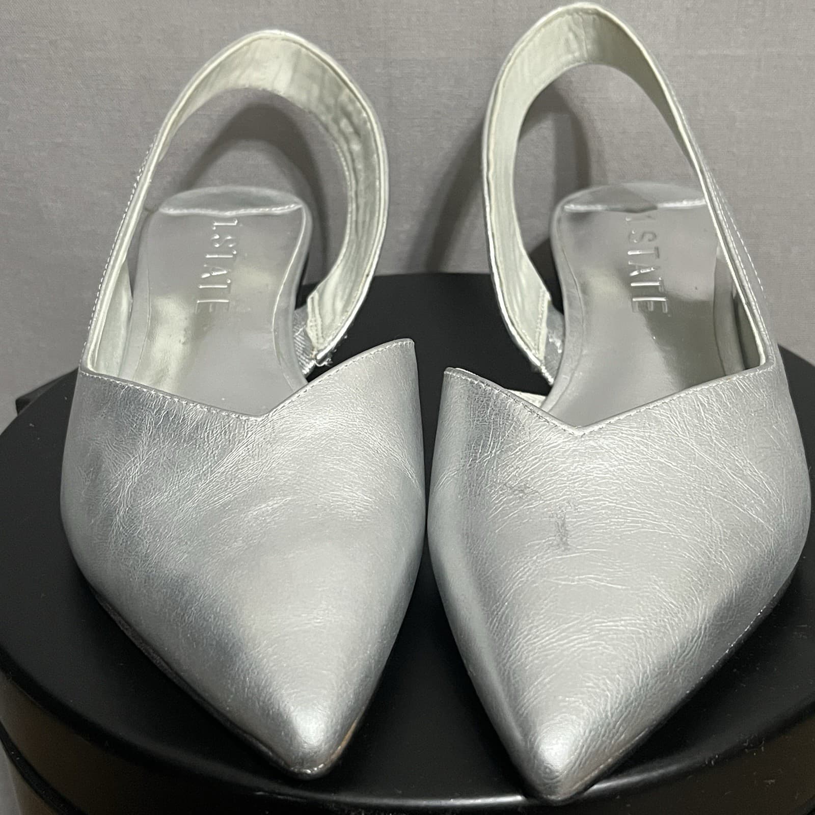 1 State Silver Metallic Pointy Sling Back Shoes Womens Sz 7.5 2