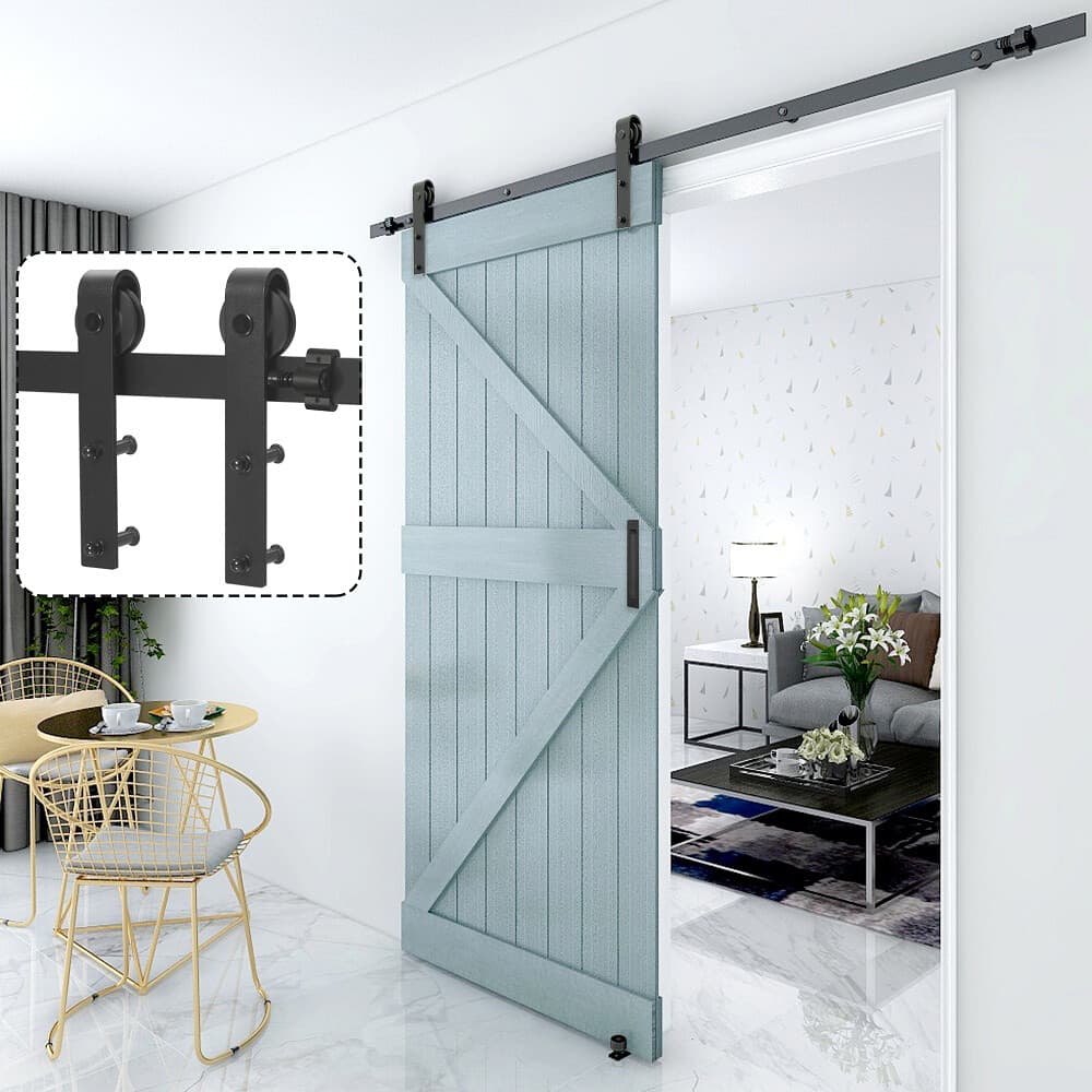 5FT-14FT Sliding Barn Door Hardware Closet Track Kit for Single Door Black 6