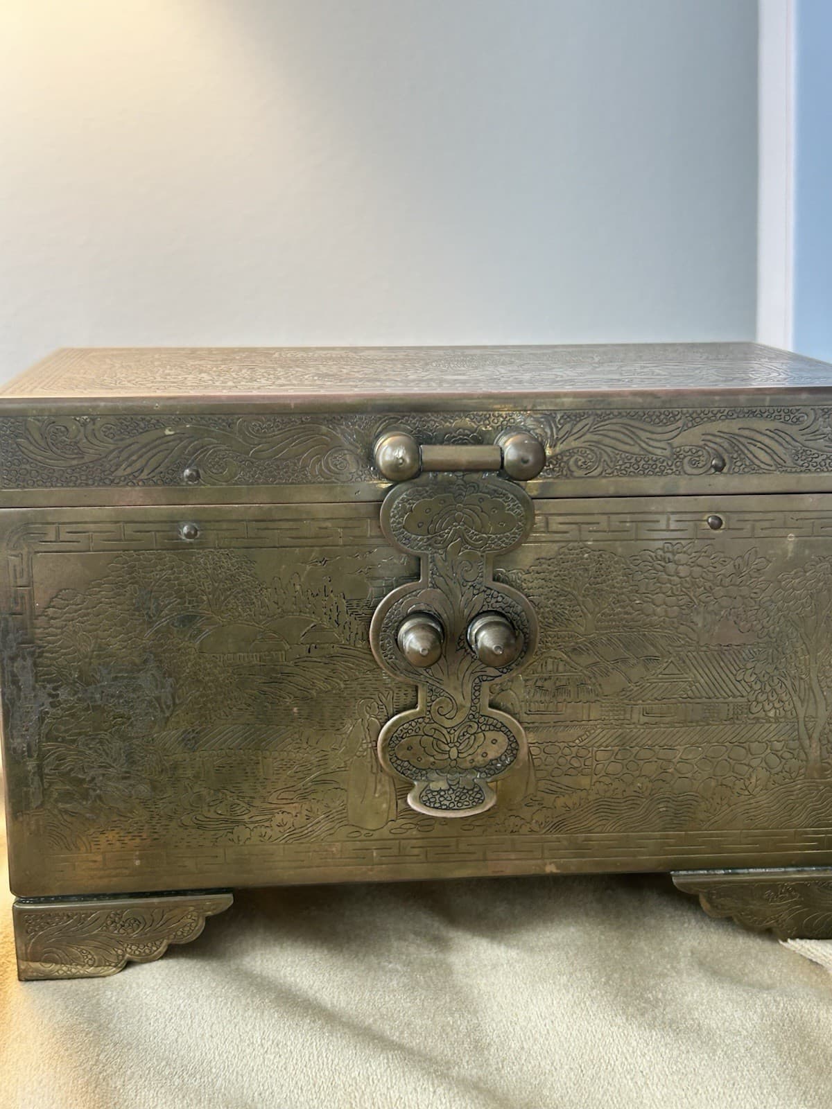 Antique Brass Box With Intricate Asian Designs And Lacquered Compartments 2