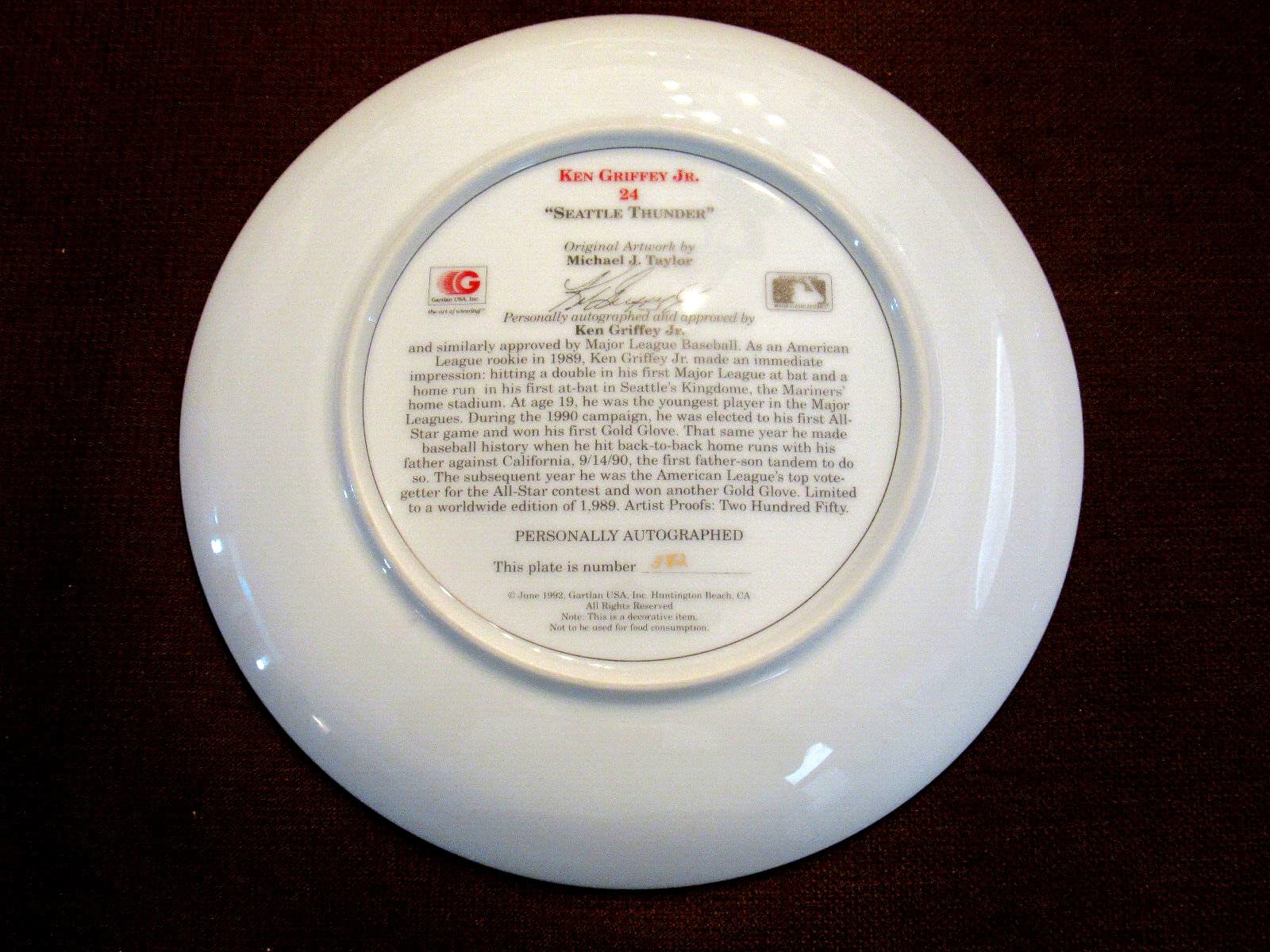 KEN GRIFFEY JR HOF SIGNED AUTO VTG GARTLAN SEATTLE THUNDER LIMITED EDITION PLATE 4