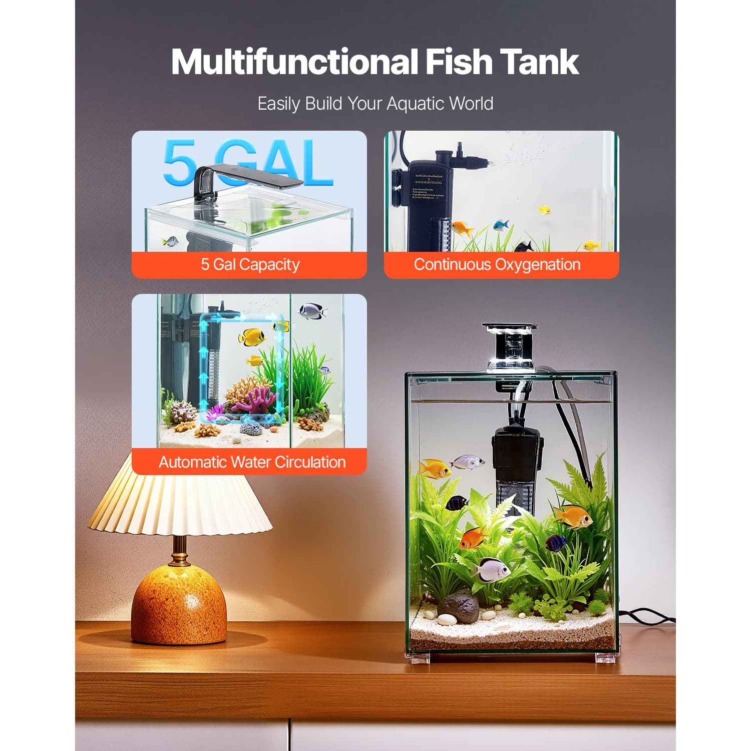 Uimoso 5gal Fish Tank Aquarium Smart Square Clear Glass 3 Color Self Cleaning 2