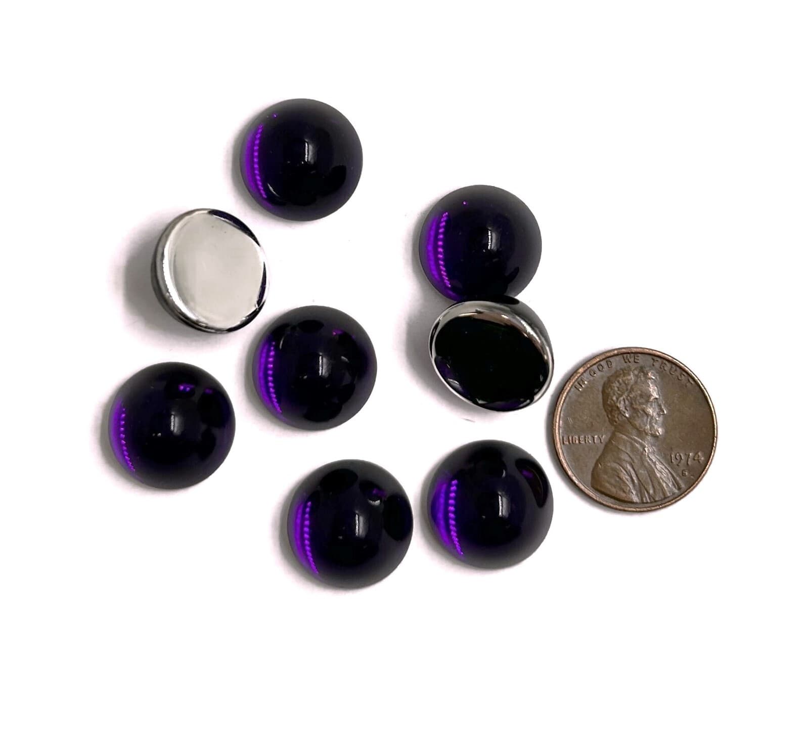 12 VINTAGE AMETHYST ACRYLIC 15mm. ROUND HIGH DOME CABOCHONS 7166 2