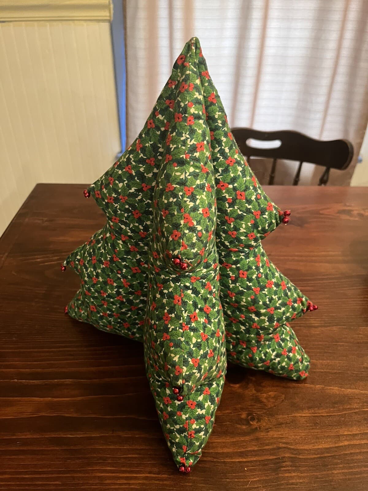 Vintage 3D Stuffed Fabric Christmas Tree Homemade Plush 13” Holly Berries Retro 2