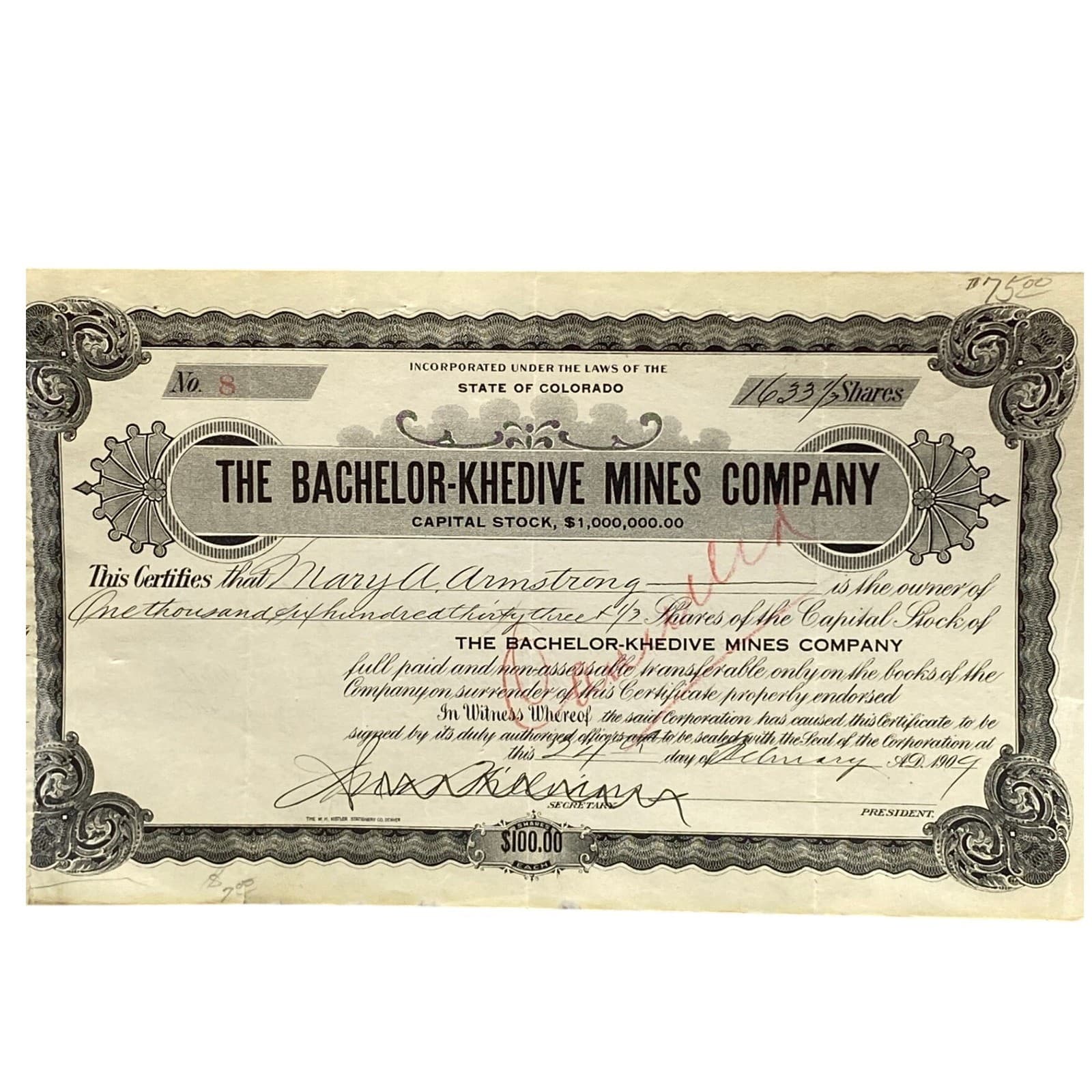 Antique 1908 Mining Stock Certificate Bachelor Khedive Mines Collectible 2