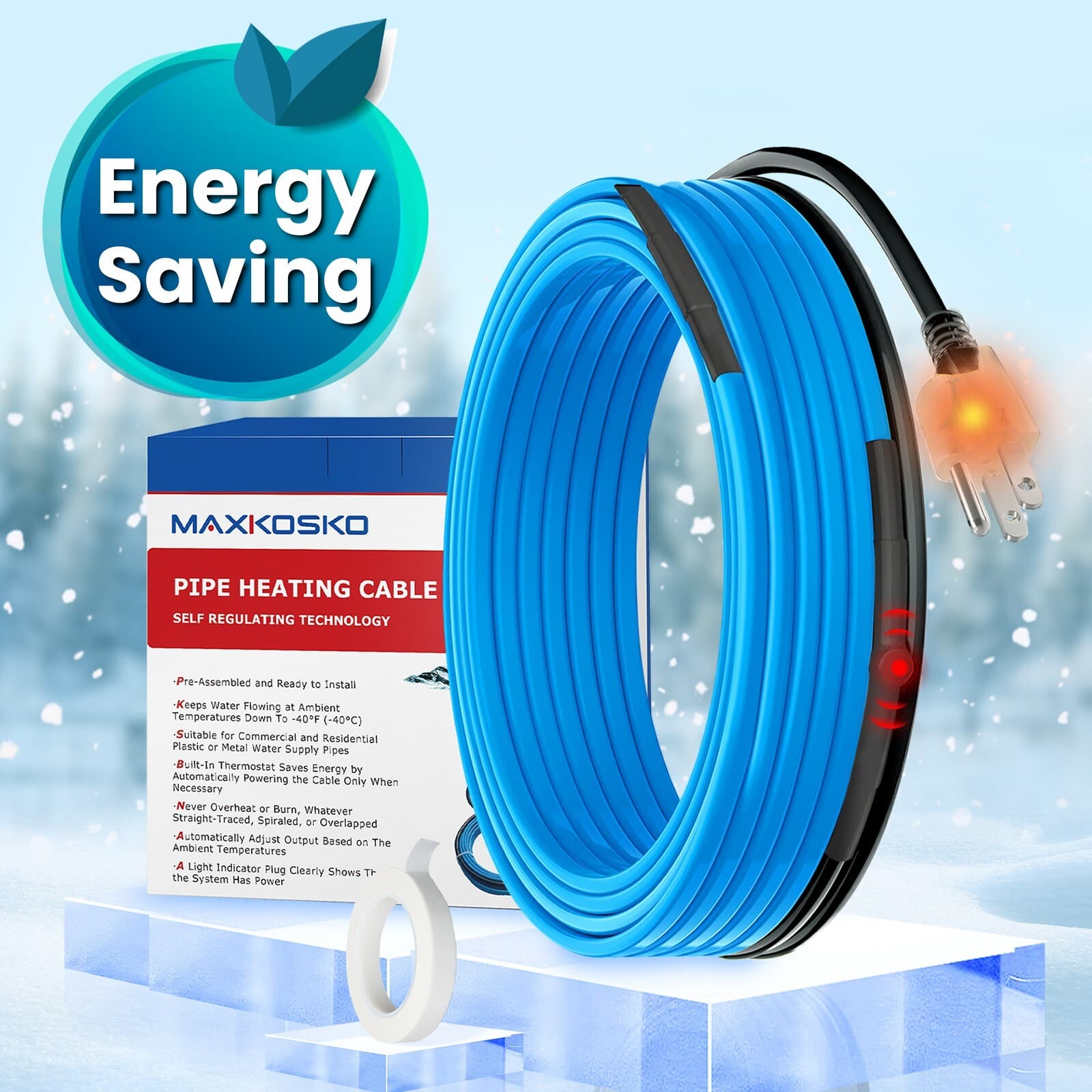 Thermostat-Controlled Heat Tape for Water Pipes - Pre-Assembled Cable