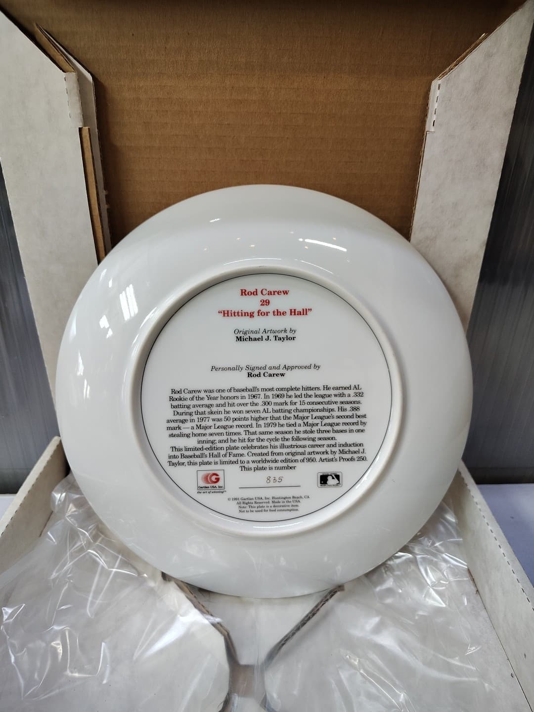 Rod Carew Signed Plate Gartlan USA  Los Angeles Angels Hitting For The Hall 6