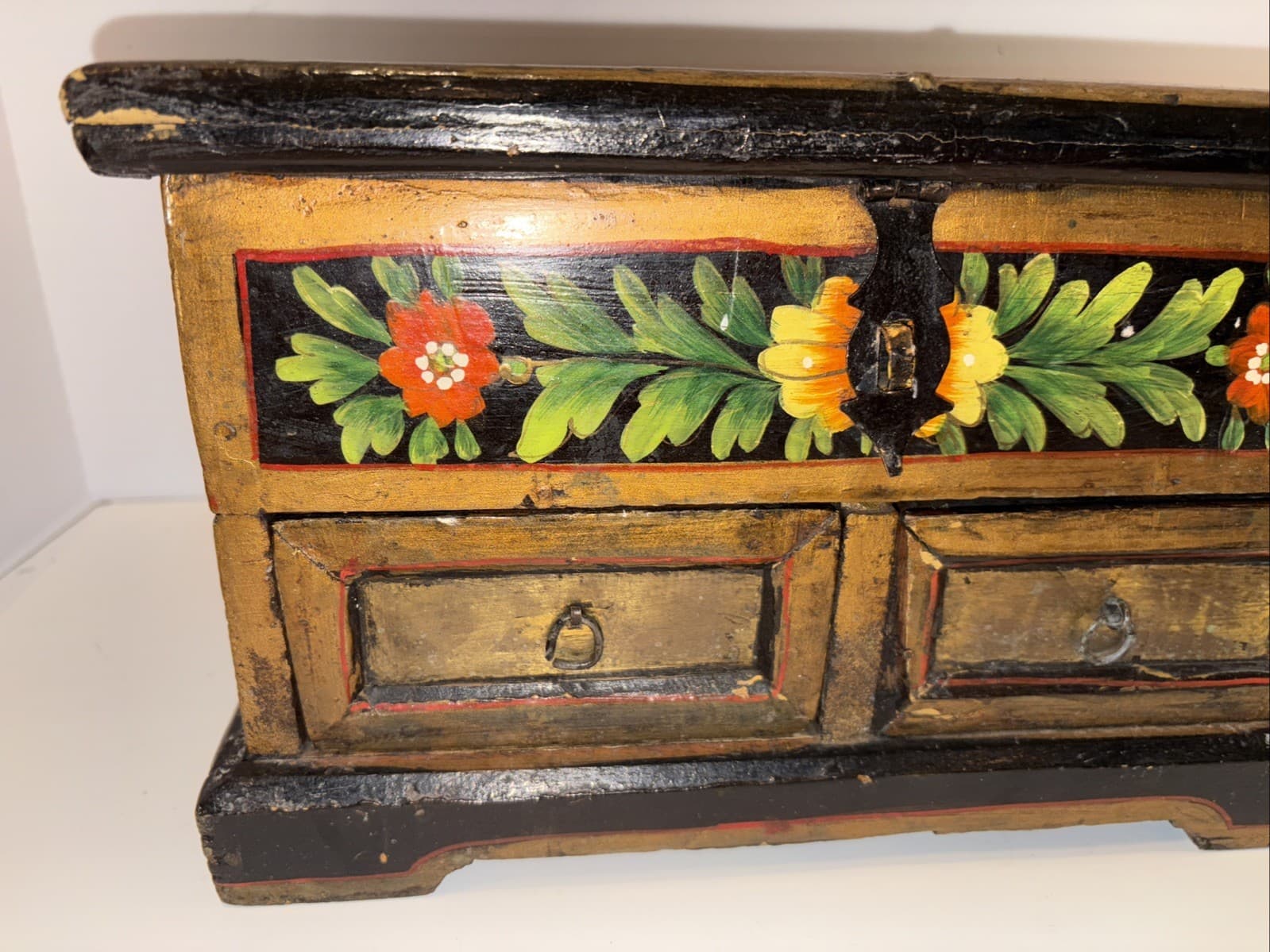 Antique Chinese 2 Drawer Chest Jewelry Box Tole Hand Painted Folk Art Decorated 5
