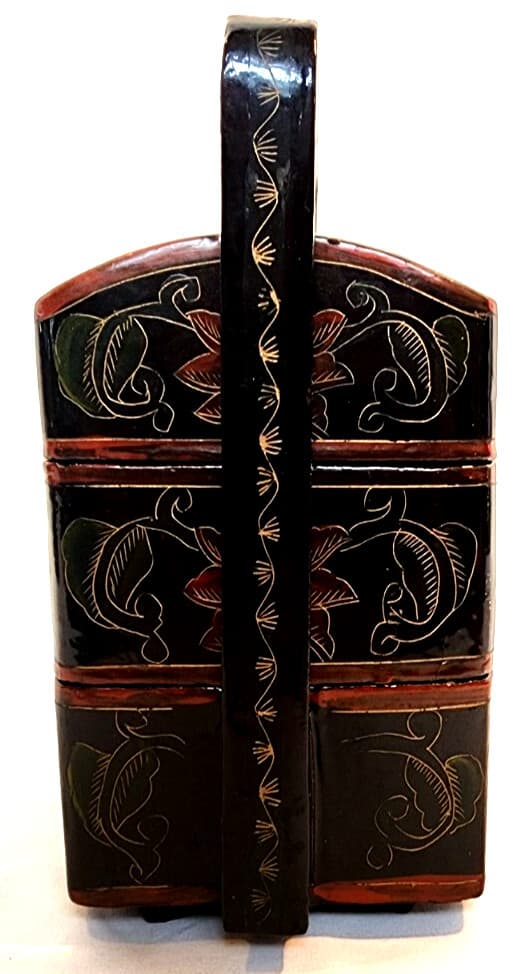 19 C.  Chinese Black Lacquer Porcelain Shard Stacking Lunch Bento Box 3