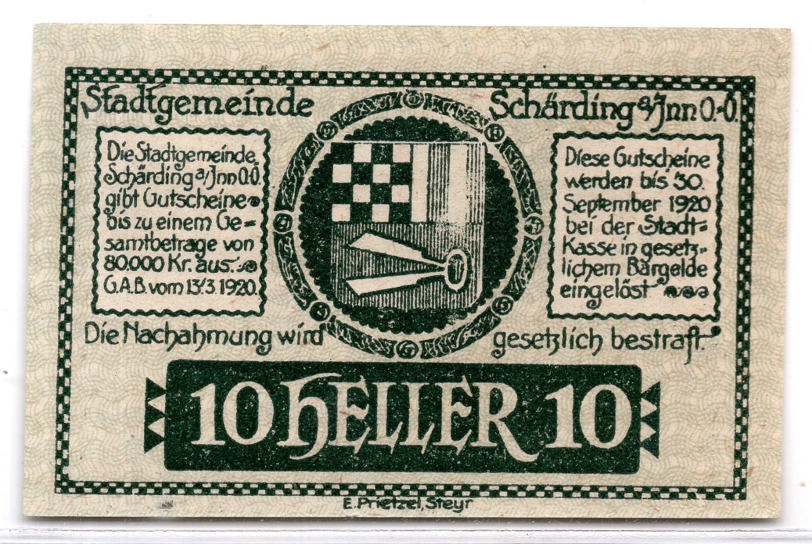 1920 Austria Scharding Notgeld 10 Heller Note (2625) 2