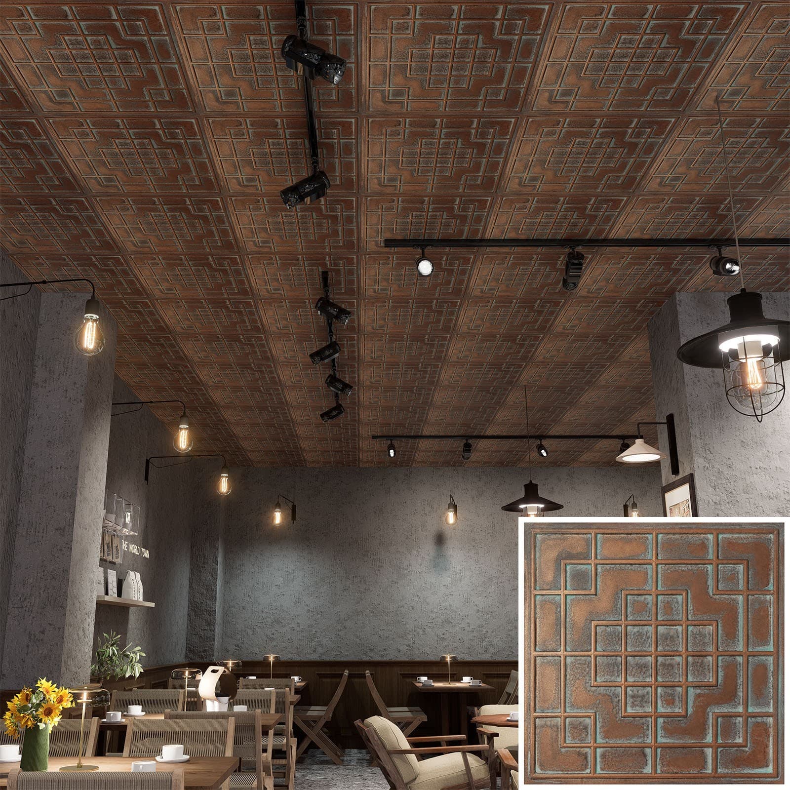 Drop in ceiling tile 3D Embossed wall panels PL82 Weather copper 10pcs/lot 2