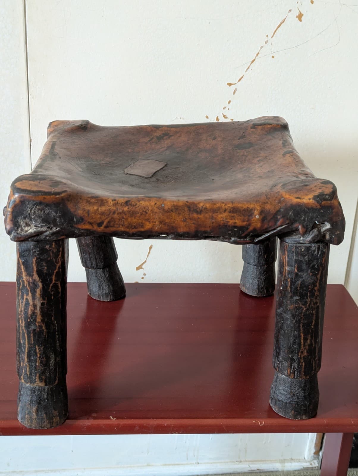 Antique Ethiopia Afar Tribe Leather Top Four Wood Legged Stool Beautiful Patina 2