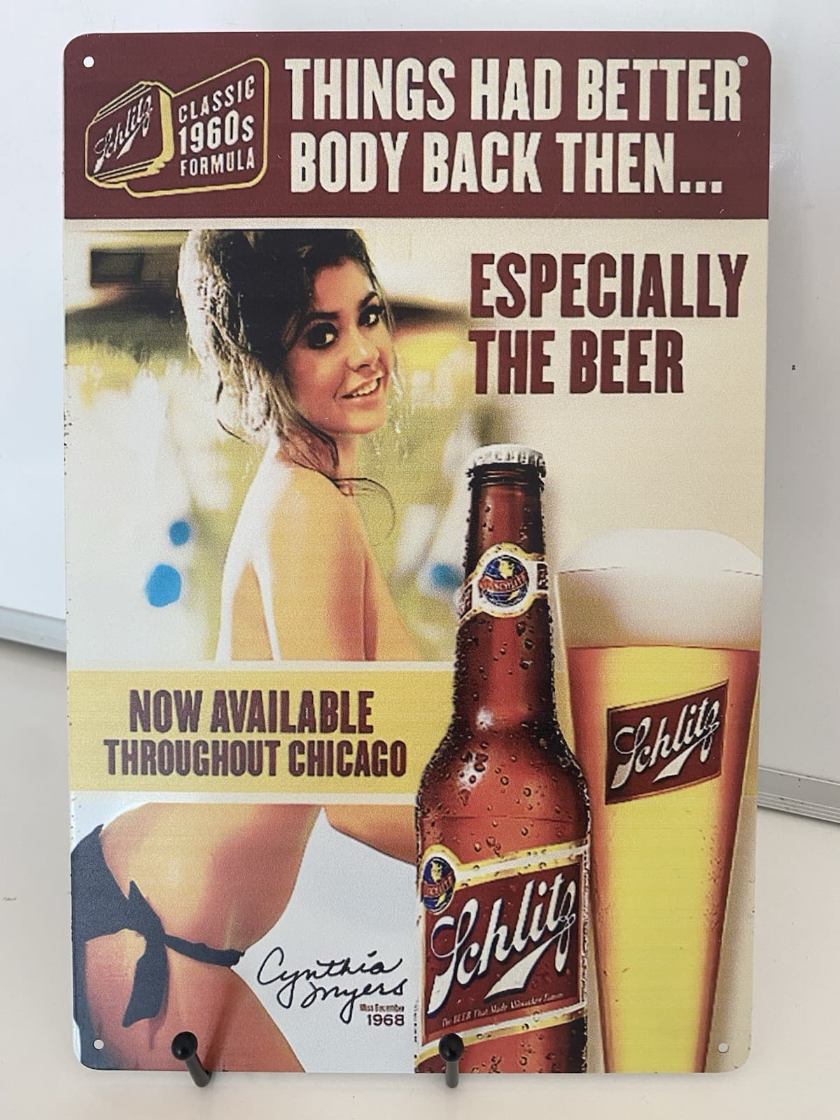 Schlitz Beer Malt Liquor Metal Sign - Cynthia Myers - 1968 Available in Chicago 2