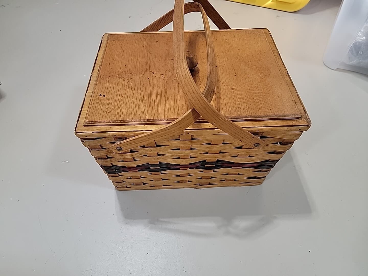 Vintage Handcrafted Signed Wood Basket Weave Large Picnic Basket With Wood Tray 6