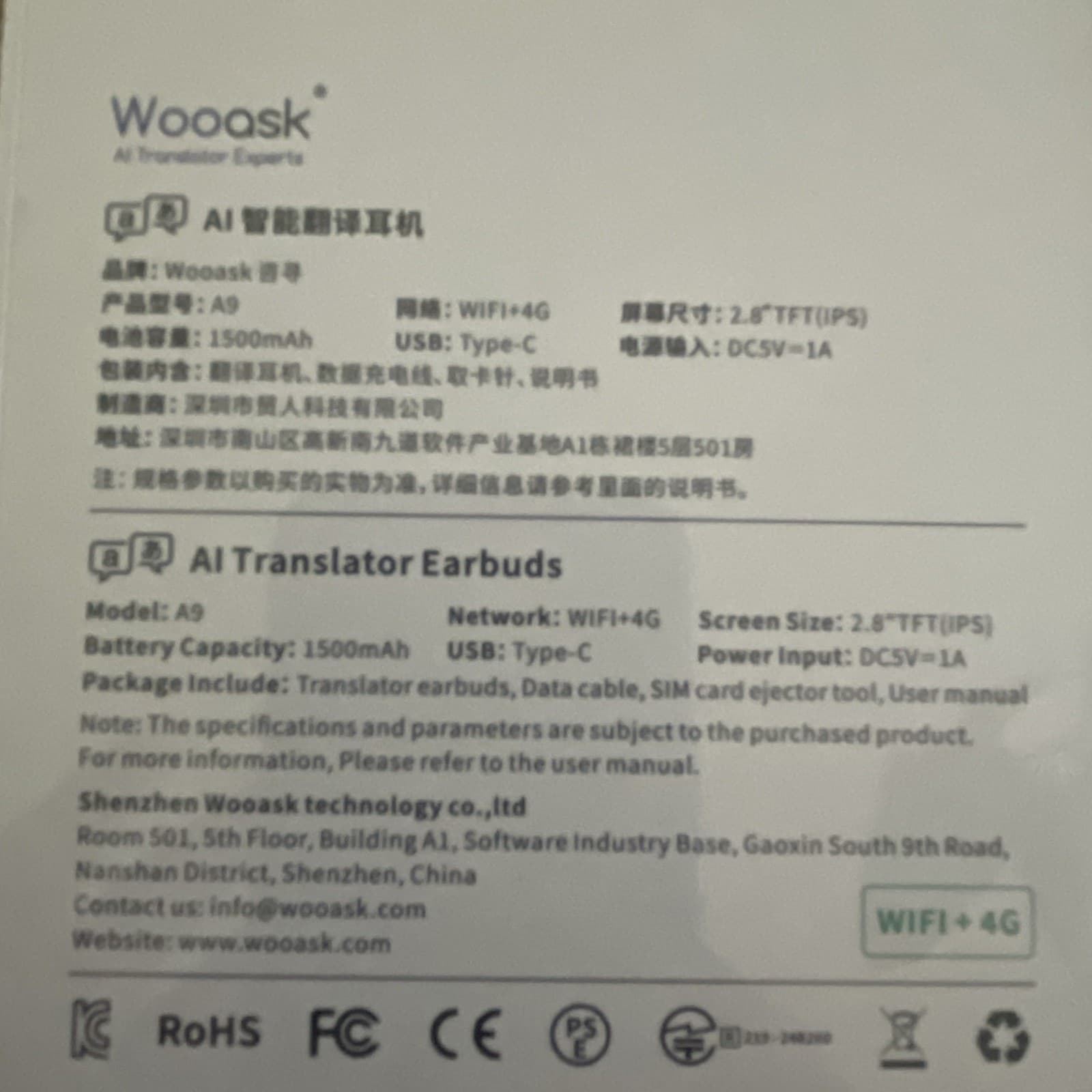 New White Wooask A9 AI Translator Earbuds Device Powered by CHATGPT 4