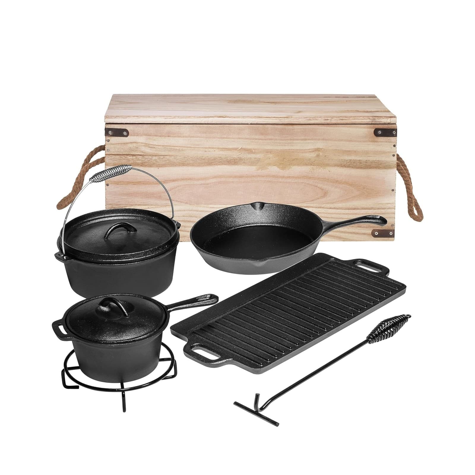 Bruntmor Camping Cooking Set of 7. Pre Seasoned Cast Iron Pots and ... Fast Ship