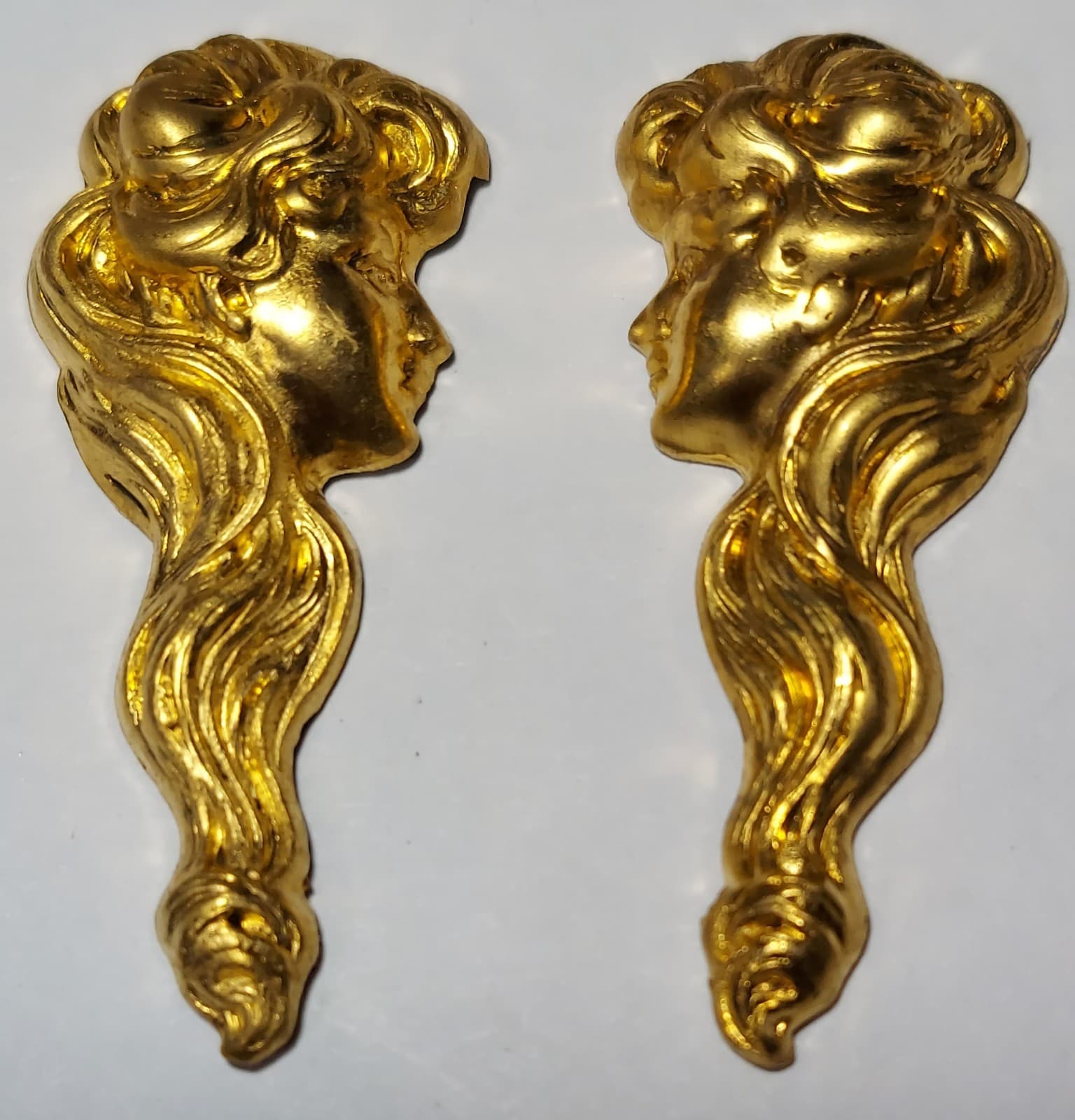 2 Vintage Nouveau Style Stamped Brass Lady Crafting Figures Hollow Back 1.75"
