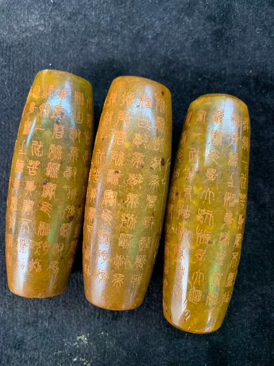 3Pcs Large Chinese Old Jade Hand Carved *Buddhist Scriptures/KwanYin* Cong Beads 2