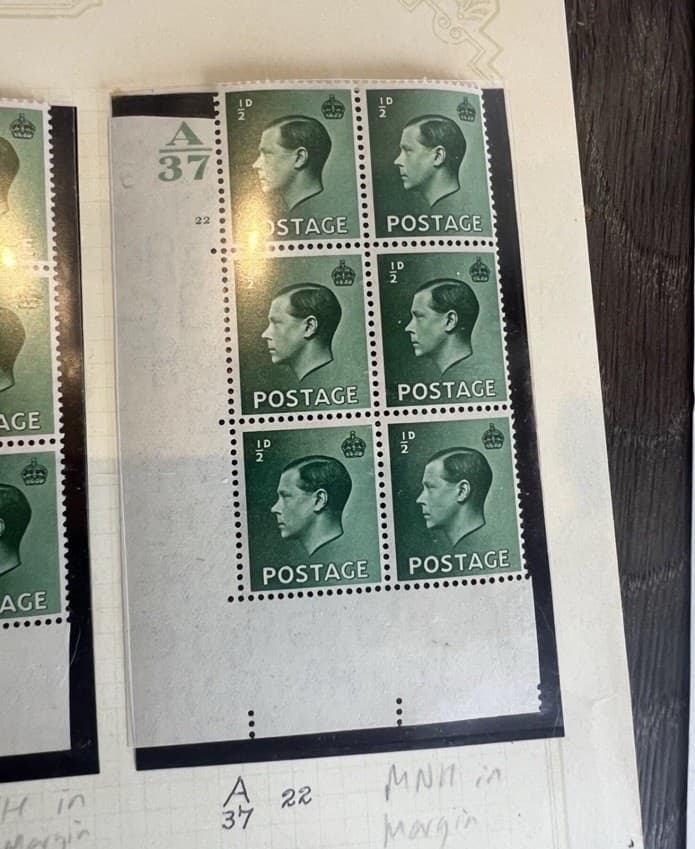 GB KE8 KEVIII Controls Corner Blocks Of 6 Mint Hinged In Margin 1/2d & 1d. 4