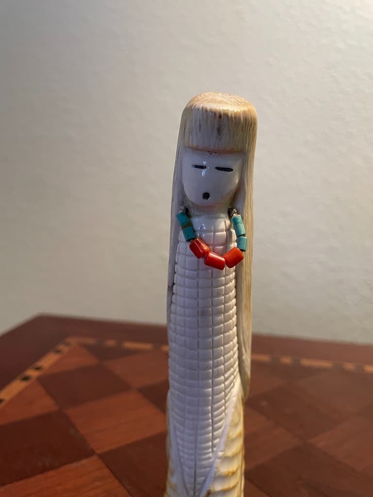 Zuni Corn Maiden Fetish by Marcus Panteah – Antler w/ Turquoise & Coral Necklace 2