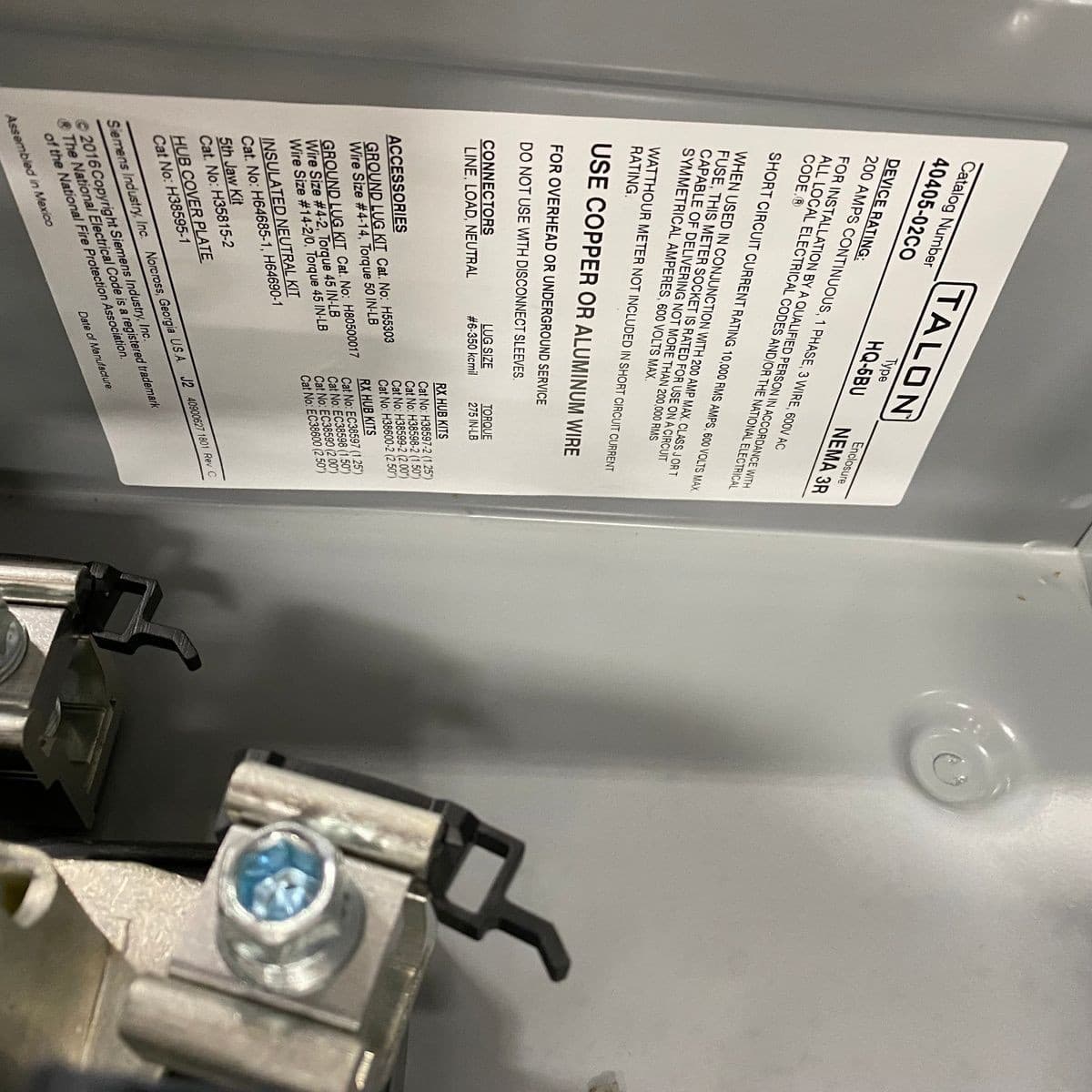 TALON 40405-02CO 200 Amp Ringless Meter Socket, 1 Phase, 5 Jaw * 2