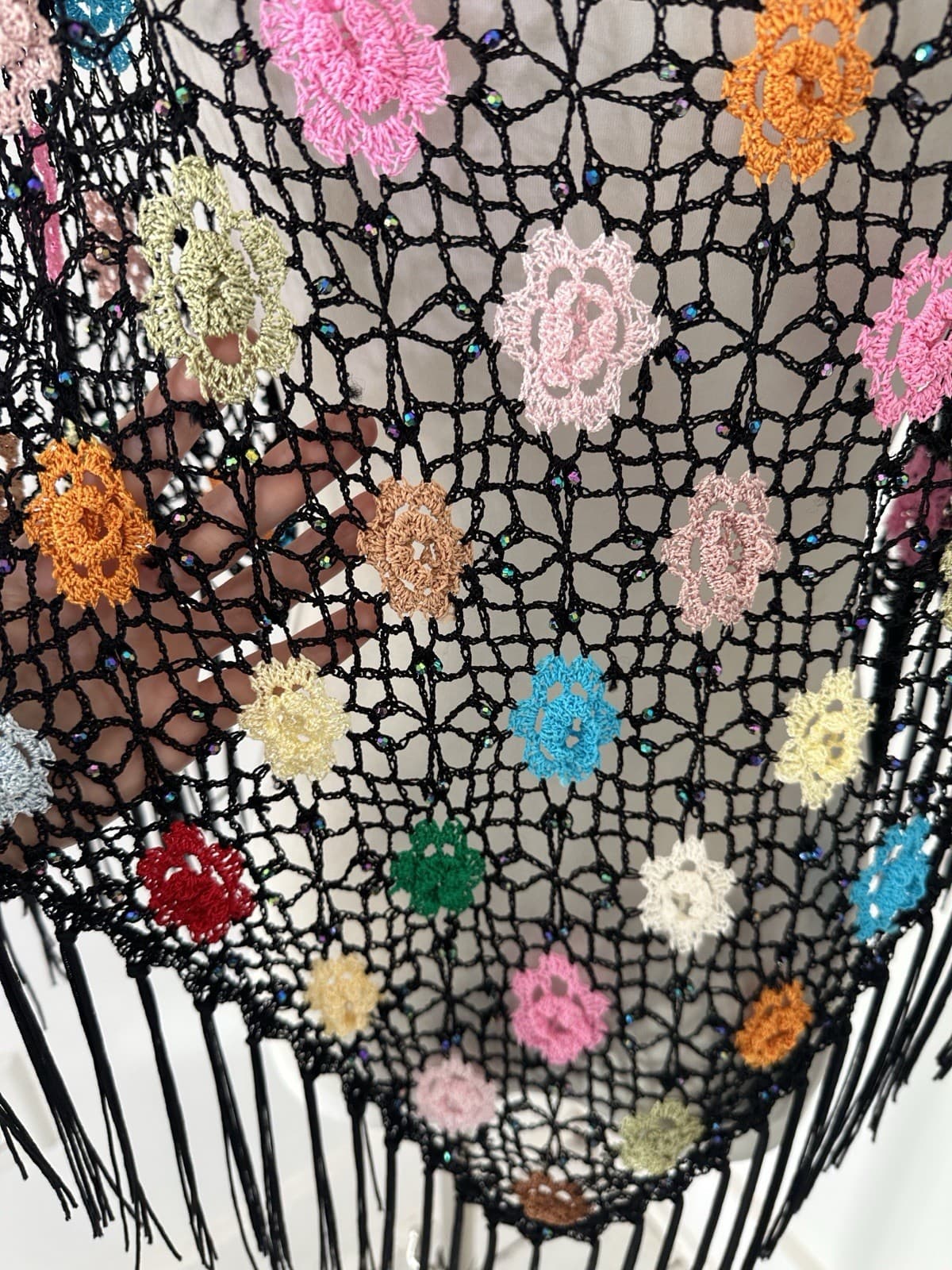 Vintage Crochet Rosette Beaded Fringed Piano Shawl One Size 5