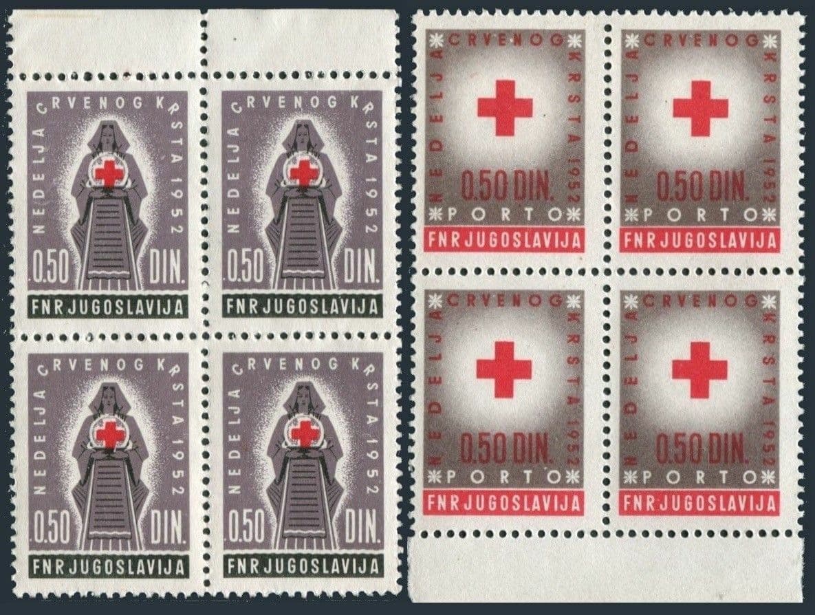 Yugoslavia RA10,RAJ7 blocks/4, MNH. Postal Tax & Due 1952. Red Cross. Nurse.