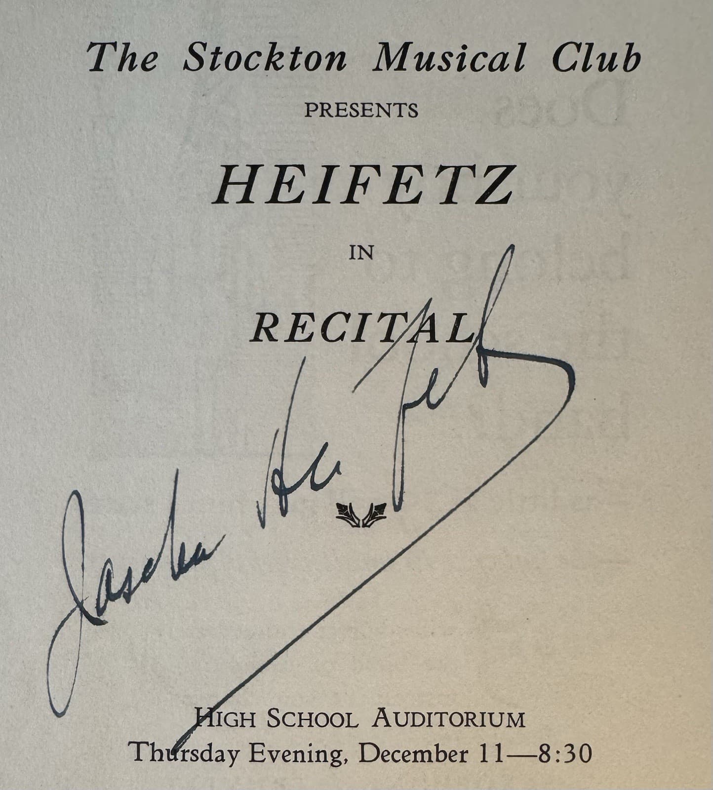 Jascha Heifetz Autographed Program, violinist, Stockton California