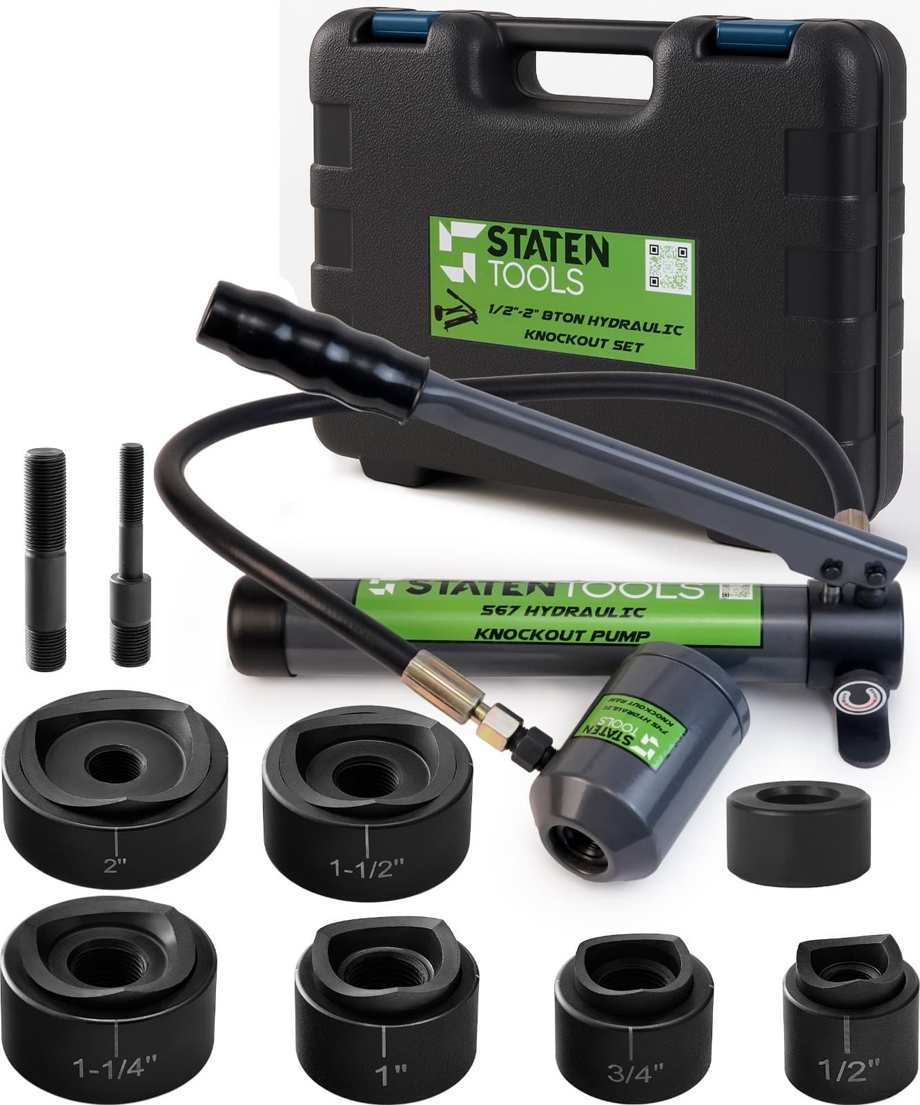 1/2" - 2" Hydraulic KO Set | 8 Ton |  6 Dies | 11-16 Gauge | Staten Tools