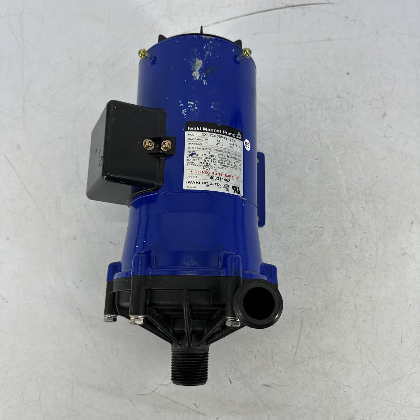 Iwaki Magnet Pump MX-F100KVTY-15L Single Phase Induction Motor 33 gal/min *READ* 2