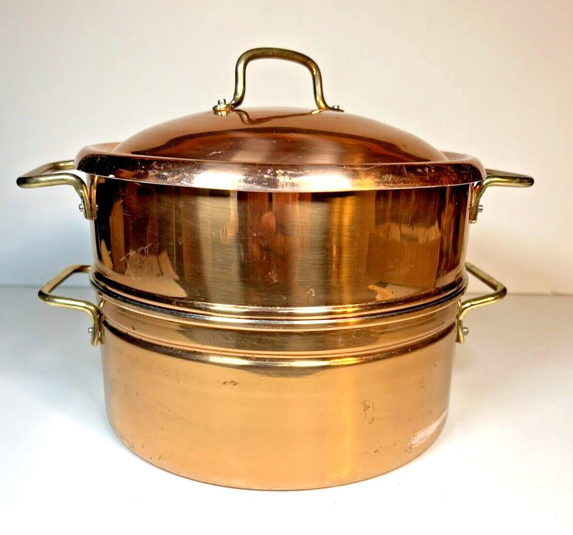 Copper Clad Steamer Pot with Lid.  8.75" dia.  base is 3.5" basket is 3.25" tall 2