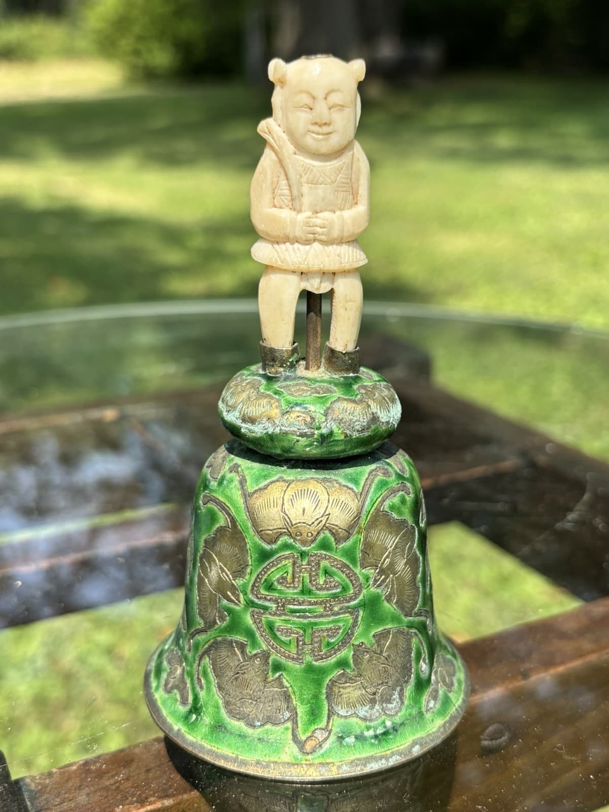 Antique Chinese Enameled Bell With Carved Figure Handle 2