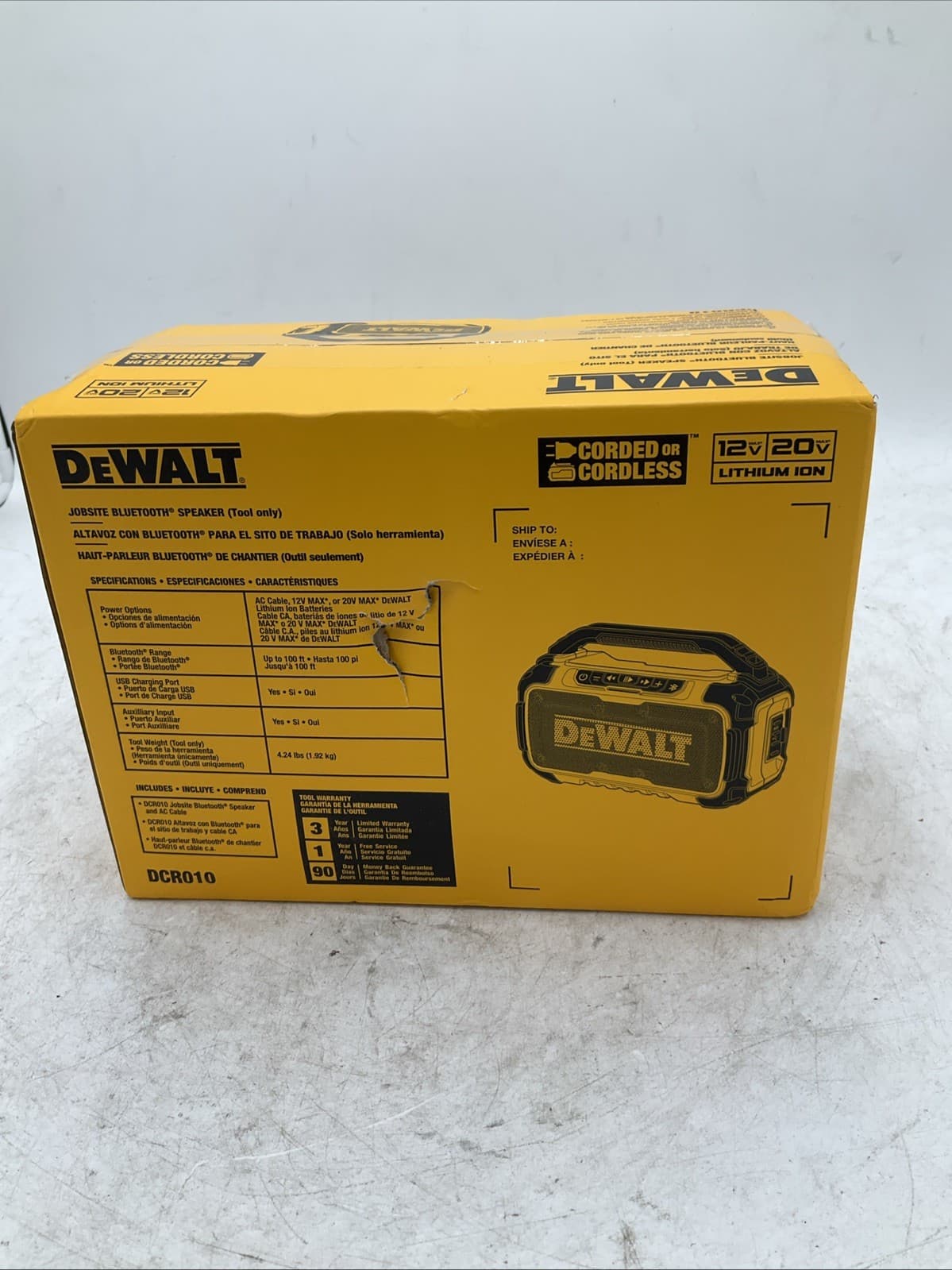 DeWALT DCR010 12V/20V MAX Jobsite Bluetooth Speaker Corded or Cordless 3
