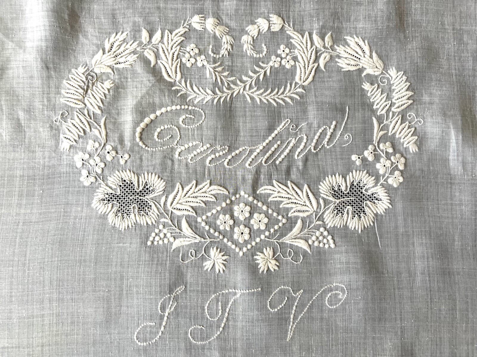 ANTIQUE  LACE - C.1880- 1900, SUPERB AMBROIDERED  WHITEWORK SHAM COVER 3